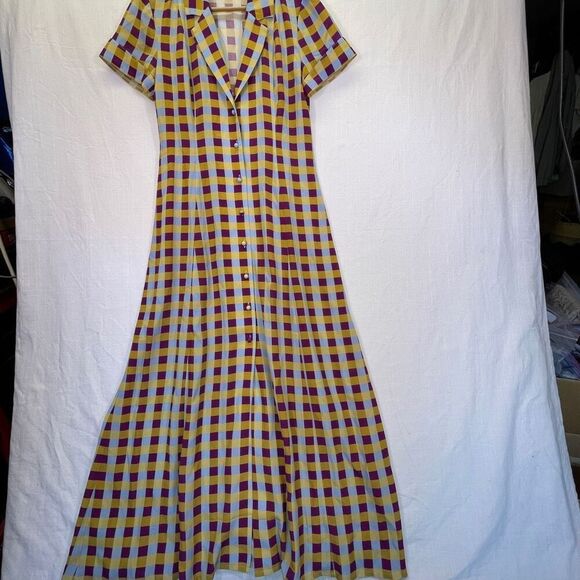 LHD Blue Plum Yellow Gingham Button Down Short Sleeve Silk Dress Size 4 - Picture 4 of 12